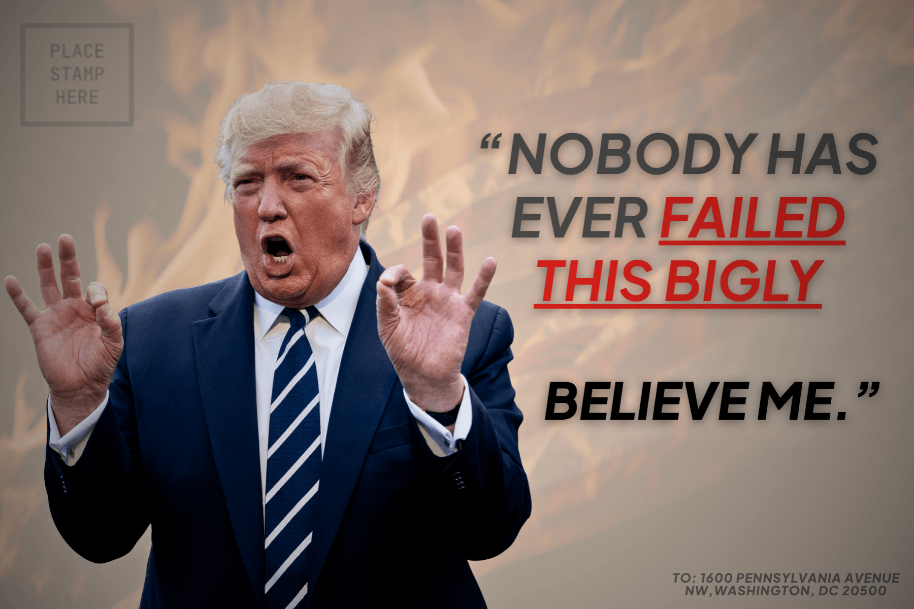 Postcard front — Trump's face and report card message